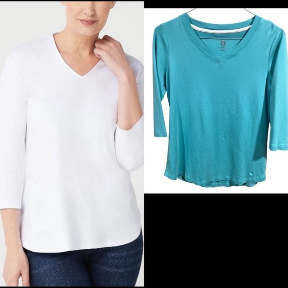 Isaac Mizrahi Live Essentials 3/4 sleeve v neck basic knit top size small aqua - Picture 1 of 6
